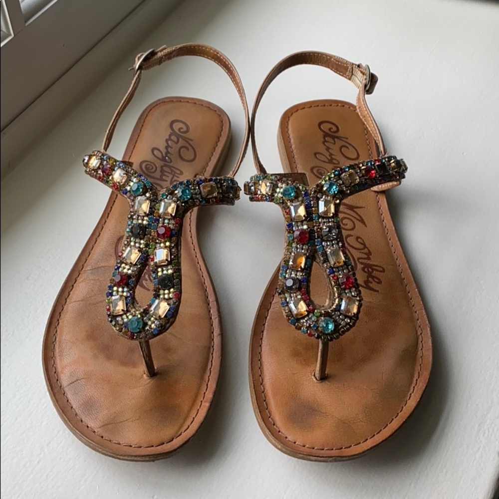 Multi-colored jeweled leather sandals
